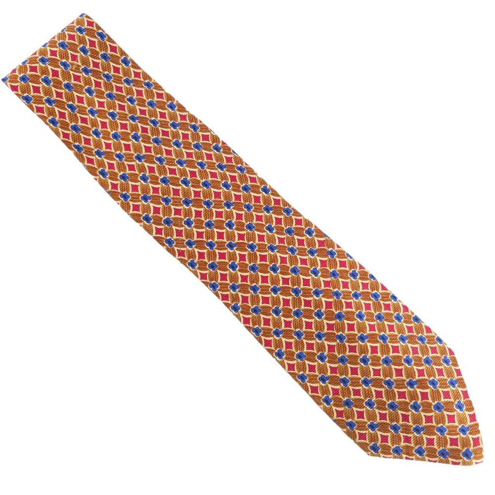 Richel Men Necktie 100% Silk Geometric Diamond Tan Blue Red Multi 60x4 - NWOT